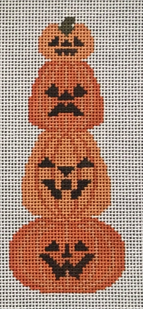 Petei Designs Halloween needlepoint canvas of four stacked jack-o-lanterns