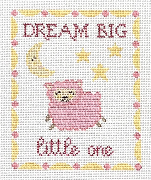 Lauren Bloch needlepoint baby sleeping canvas with the phrase "dream big little one", the moon, stars, and a jumping pink sheep