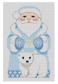 Susan Roberts needlepoint canvas of Santa dressed in pale blue with a polar bear.