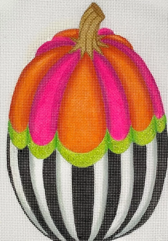 Kate Dickerson needlepoint canvas of a shaped standup pumpkin (part of her funky pumpkin series) with a black and white striped bottom and an orange and hot pink striped top separated by a lime green scalloped stripe in the middle