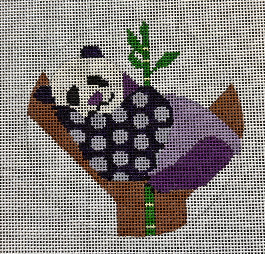 Melissa Prince round needlepoint canvas of a geometric purple panda in a tree with bamboo