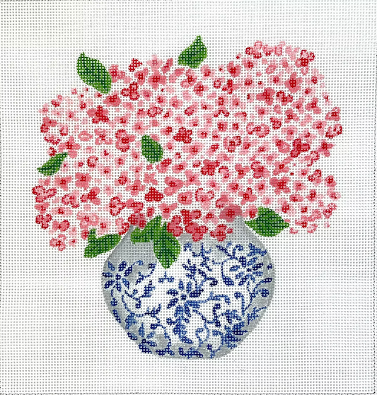 LB-PL-36 Blue Pot with Pink Hydrangeas