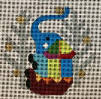 Melissa Prince geometric colorful elephant round needlepoint canvas with winter trees in the background - part of her abstract winter/Christmas animal series