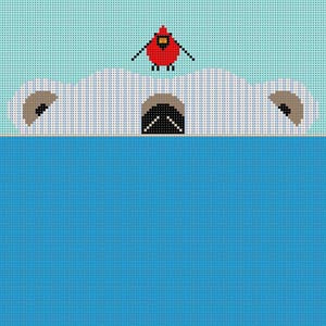 Charley Harper and The Meredith Collection needlepoint canvas of a swimming polar bear with a cardinal on its head entitled "scary scenario"