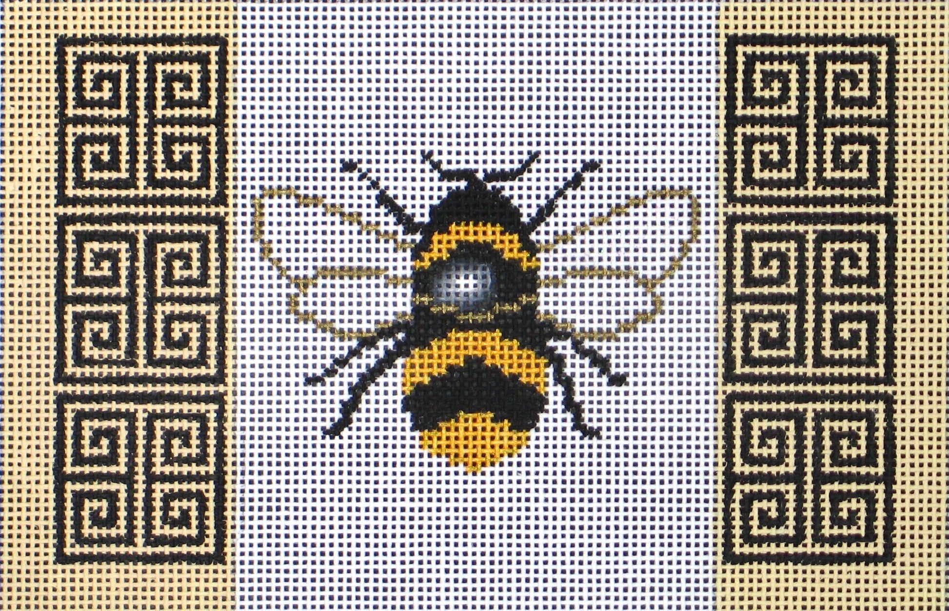 DC designs needlepoint canvas of bumblebee with geometric trim