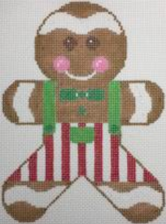 Rachel Donley needlepoint canvas of a gingerbread boy wearing overalls and a bow tie in red and green