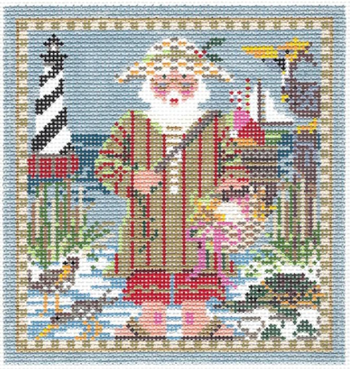 Kelly Clark needlepoint canvas of a Santa at the beach with a lighthouse and coastal wildlife and birds